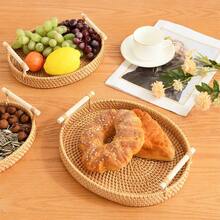 VPY Round Rattan Tray, Handwoven With Natural Rattan, Dual Wooden Handles Design, Suitable For Living Room Coffee Table Storage, Bedroom Nightstand, Kitchen Fruit Display, Maintenance-Free And Durable, Adds Natural And Warm Ambiance To Home Decor, Practical Soft Furnishing Accessory - Mocha Brown-with Handle - View 4