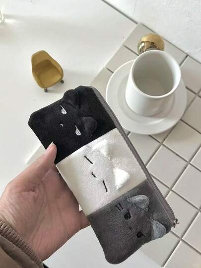 Hộp đựng bút hình mèo ba màu, nhỏ gọn và dễ mang theo, khóa kéo hình ngôi sao, thiết kế lưới phía sau, thích hợp đựng văn phòng phẩm, bút chì, bút bi, tẩy, sổ tay, dành cho người yêu mèo, làm quà tặng.