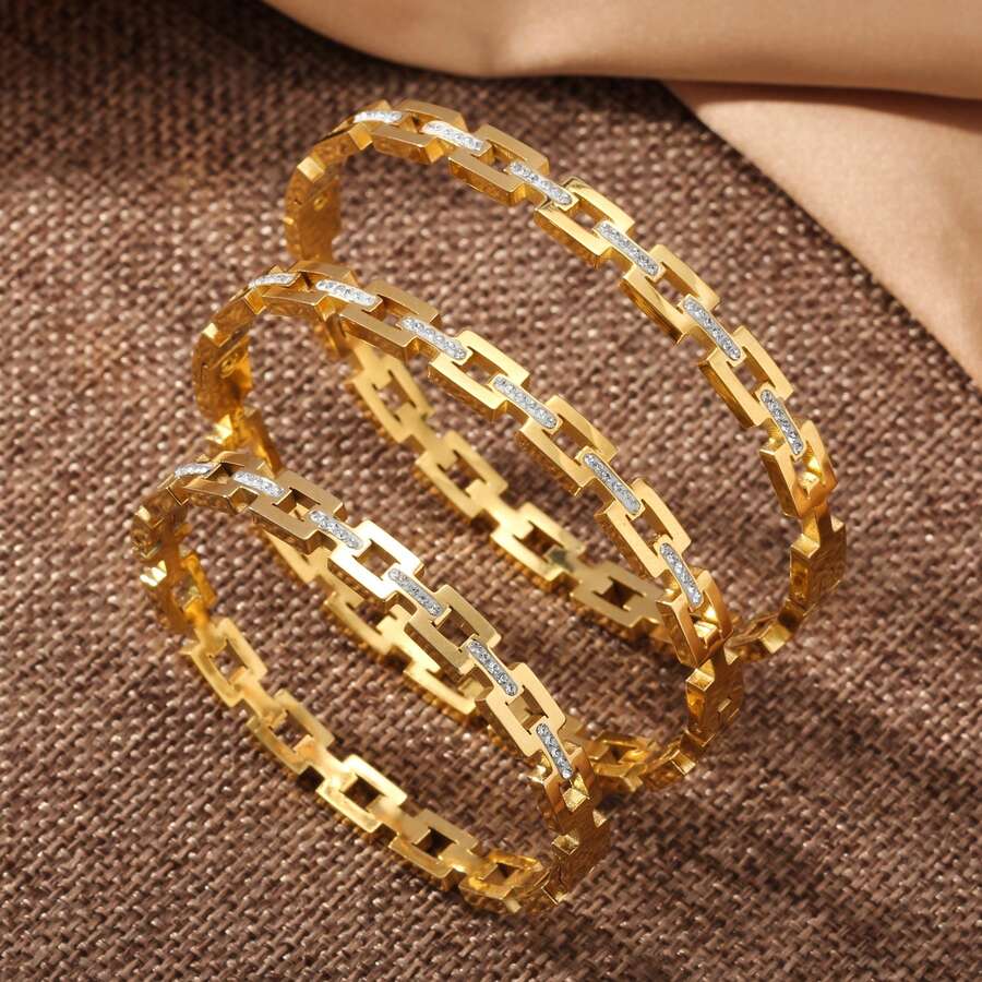 3件套18K镀金不锈钢几何链条手链套装，镶嵌水钻，经典链条设计，层叠造型，适合日常佩戴、约会、送礼 - 内径：52/60/64毫米 - lxft-01 - 查看 1