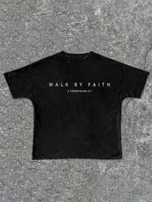 Tween Boy Cotten Clothes,Y2K-Inspired Letter Print T-Shirt - Casual Crew Neck, Short Sleeve, Machine Washable - Perfect For Spring/Summer/Fall,Fashion, Streetwear, Unisex, Men, Women - 黑色 - 查看 1