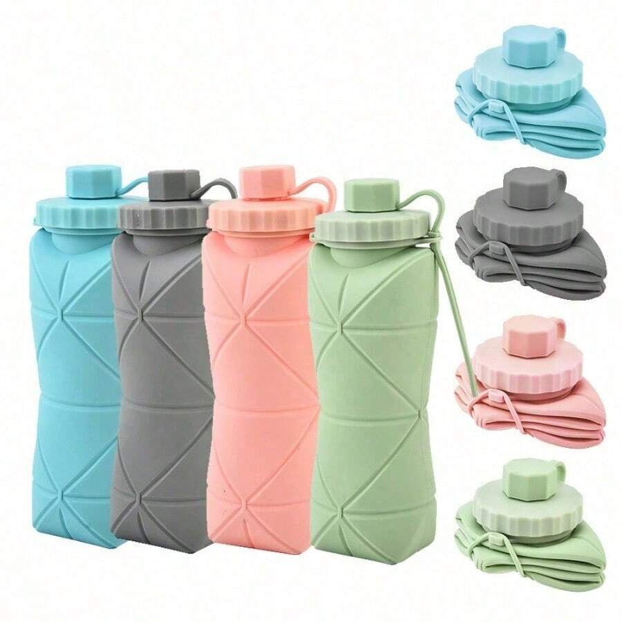 1pc 600ml Silicone Folding Bottle Adult Portable Reusable Plastic Cups Outdoor Travel Gym Water Bottle Motivational Drinking Bottle - 彩色 - 查看 1