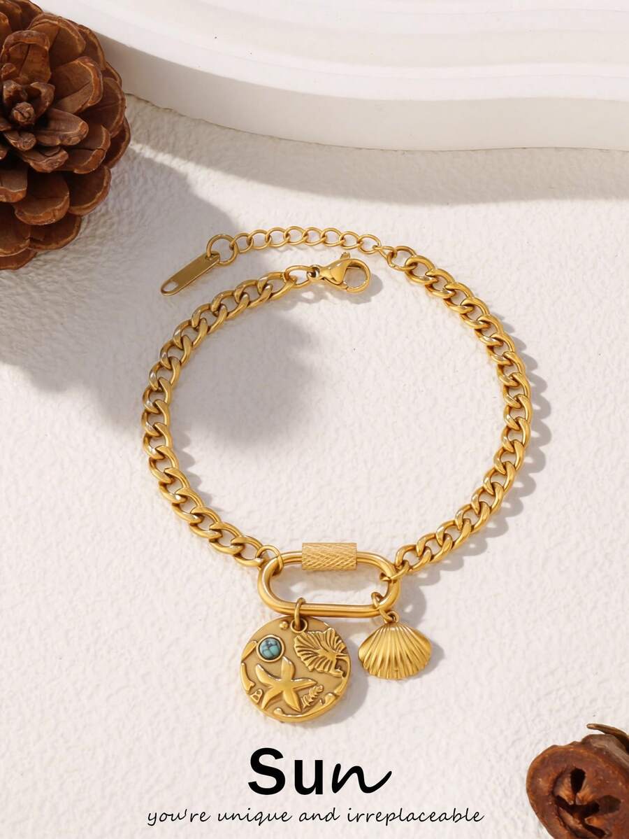 1件装不锈钢海洋吊坠手链，女士时尚贝壳海星多元素扣环链手链饰品 - 手鍊 - 查看 1