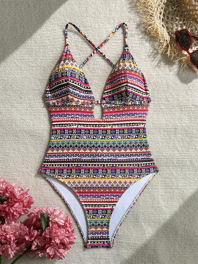 女士时尚优雅波西米亚风印花连体泳衣，适合游泳、度假、海滩、邮轮等场合，夏季