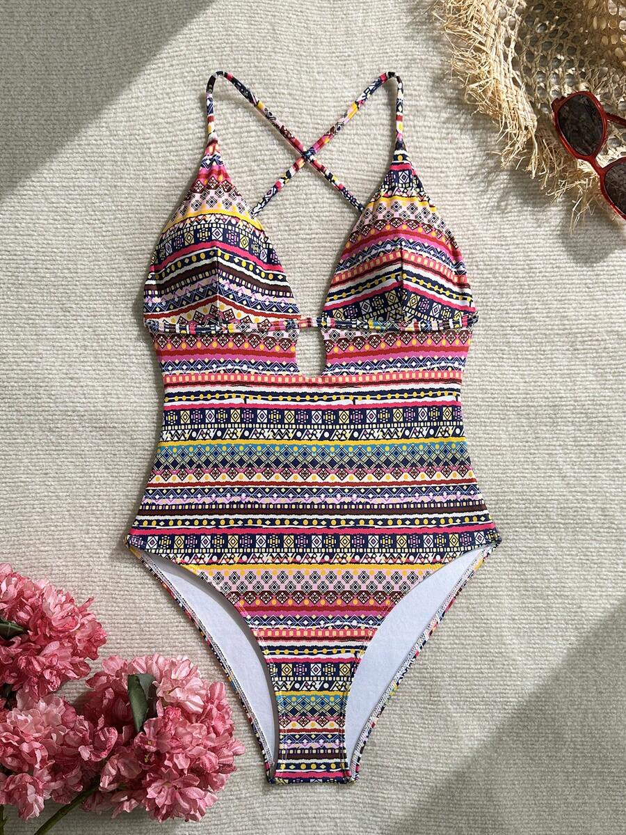 女士时尚优雅波西米亚风印花连体泳衣，适合游泳、度假、海滩、邮轮等场合，夏季 - 彩色 - 查看 1