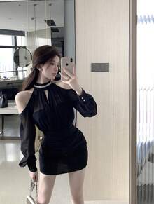 Popular Online Influencer Style, New Sun Protection Lightweight Long-Sleeved Shawl, Sweet Halter Neck, Slim Waist, Bodycon Dress Two-Piece Set - Black - View 10