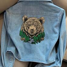 1pc Brown Bear Head Embroidered Patch, Forest Nature Pine Tree River Iron-On Applique, Large Grizzly Bear Badge Suitable For Jacket Backpack Clothing Decor - Multicolor - View 5