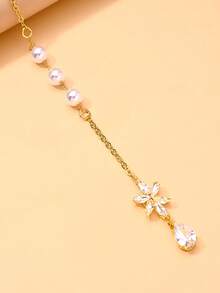 1pc Fashionable Sexy Gold Rhinestone Flower Backless Chain With Water Drop Pendant, Elegant Bridal Pearl Back Chain, Wedding Party Accessory - Gold - View 5