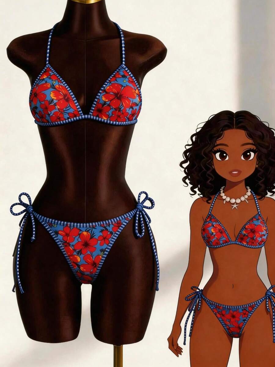 2026 Summer Red & Blue Floral Striped Trim Halter Bikini, Contrast Edge Tie Side Swimsuit For Tropical Vacation Beach - Blue - View 1