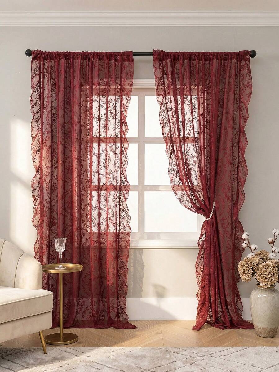1pc French Countryside Style Floral Lace Trim Curtain Sheer, Holiday Decor - Red - View 1