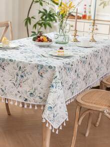 1pc Spring/Summer Fresh Sage Green Floral & Bamboo Tassel Tablecloth, Farmhouse Style Rectangular Dining Table Cover, Washable For Home Kitchen, Dinner Party, Picnic, Date, Wedding, Theme Party, Indoor/Outdoor Use - Sage Green - View 17