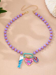 1 件彩色树脂串珠项链，带登山扣吊坠，波西米亚风项链，配有可替换珐琅心形鱼形吊坠，适合夏季度假装扮的波西米亚 Y2K 风格首饰 - 彩色 - 查看 11