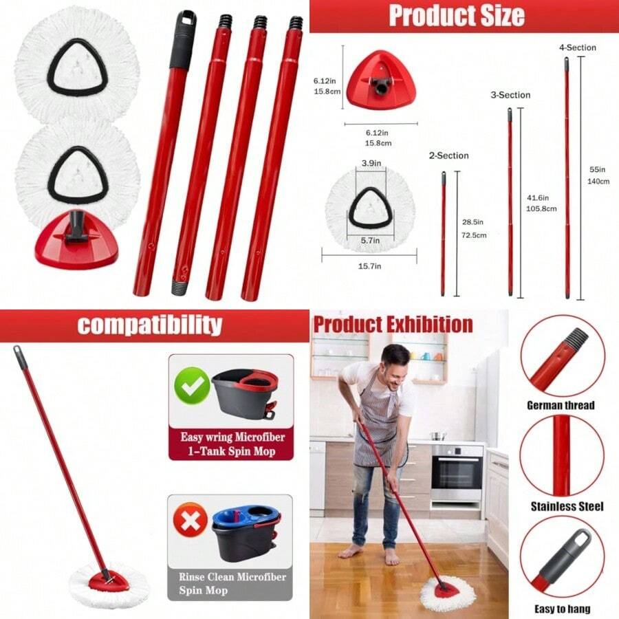 Spin Mop Replacement Head For OCeda EasyWring Microfiber Spin Mops 2 Microfiber Mop Refills 4-Section 30-To-58 Inch Mop Replacement Stick And 1 Base Combo Set White(1 Tank System - Red - View 1