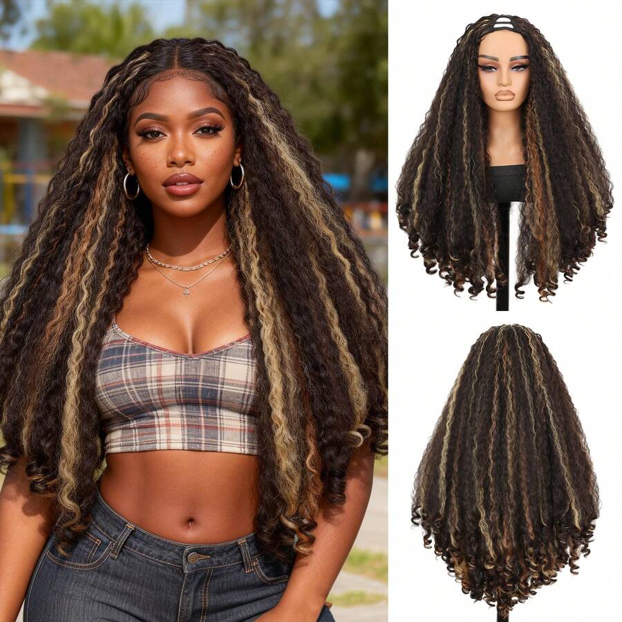 Afro Curly V Part Wig Synthetic Braided Hair Texture With Unique Bouncy Curls In The End 20/26 Inch Soft Curly Full Hair V Part Wigs For Women