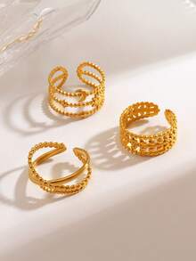 3pcs/Set Stainless Steel 18K Gold Plated Geometric Line Design Ring Set, Suitable For Women's Daily Wear - Gold - View 5