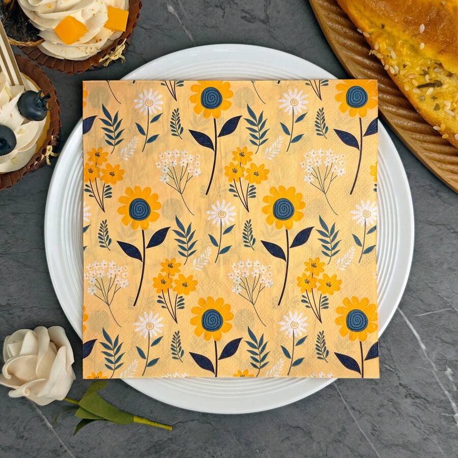 IOOJA 20/50Pcs 2ply Unfolded Size 33*33cm Hand-Painted Sunflower Pattern Printed Party Napkins Disposable Paper Napkins Suitable For Theme Parties Specially Designed For Lively Parties Essential For Company Team Building And Friends Gatherings - Multicolor - View 1