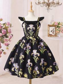 女童休闲优雅方领碎花短袖连衣裙，春夏款 - 黑色 - 查看 2