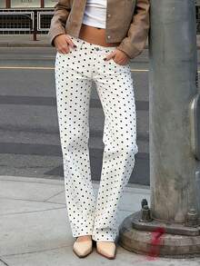 Women's Slim Fit Denim Pants Mid Rise Tapered Leg Stretch Jeans With Black Spotted Pattern - White - View 4