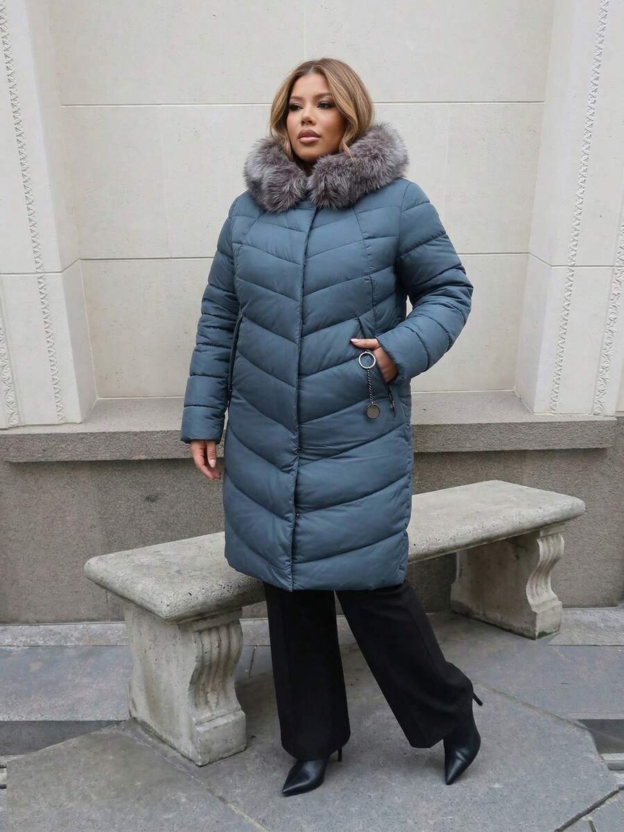 Astrid Plus Size Solid Color Hooded Fluffy Patchwork Long Sleeve Winter Padded Coat - Blue - View 1