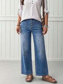 High Waist Button Front Wide Leg Cropped Denim Jeans For Women, Casual Washed Blue Pants Spring - Blue - View 5