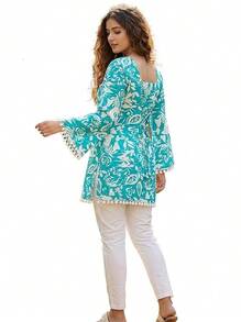 Estationeryhouse Cotton Printed Kurta Top, Long Sleeves, With White Tassels And Drawstring For Adjusting At Back - Blue - View 5