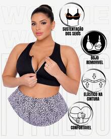 WOLFOC Women's Plus Size Cropped Fitness Top With Zipper And Removable Pads In Suplex Polyester - Negro - Ver 3