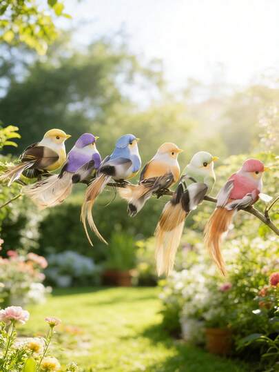 6只彩色人造羽毛鸟，带夹子 - 现代时尚塑料羽毛装饰，适用于家居、复活节和花园装饰 | 鸟类配件、花园装饰、工艺微缩模型、现代风格、复活节、人造泡沫鸟枝装饰、圣诞家居装饰