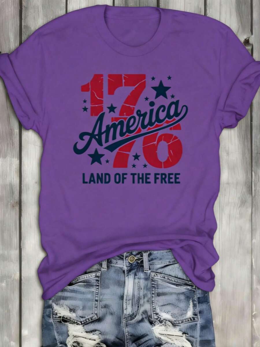 1 Piece Of 1776 American Freedom T-Shirt, Round Neck White Shirt, Women's "America 1776" T-Shirt – Vintage Distressed 1776 & Star Graphic Crew Neck Te - 紫色 - 查看 1