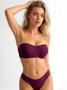 Women's Grape Purple Strapless Bra, Seamless Invisible Bra Bandeau Style Wireless Front Closure Push Up Bra, Invisible Non-Slip Front Clasp Invisible Back Bra Wireless Bra - Purple - View 6