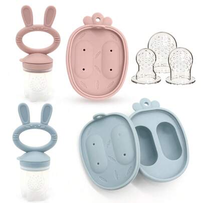 Bộ đồ chơi nhai cho bé ăn hình trái cây và rau củ bằng silicon, kèm 3 núm vú giả hình dạng khác nhau, đồ gặm nướt hình thỏ, giúp bé dễ dàng bú mẹ, món quà lý tưởng cho bé gái sơ sinh.