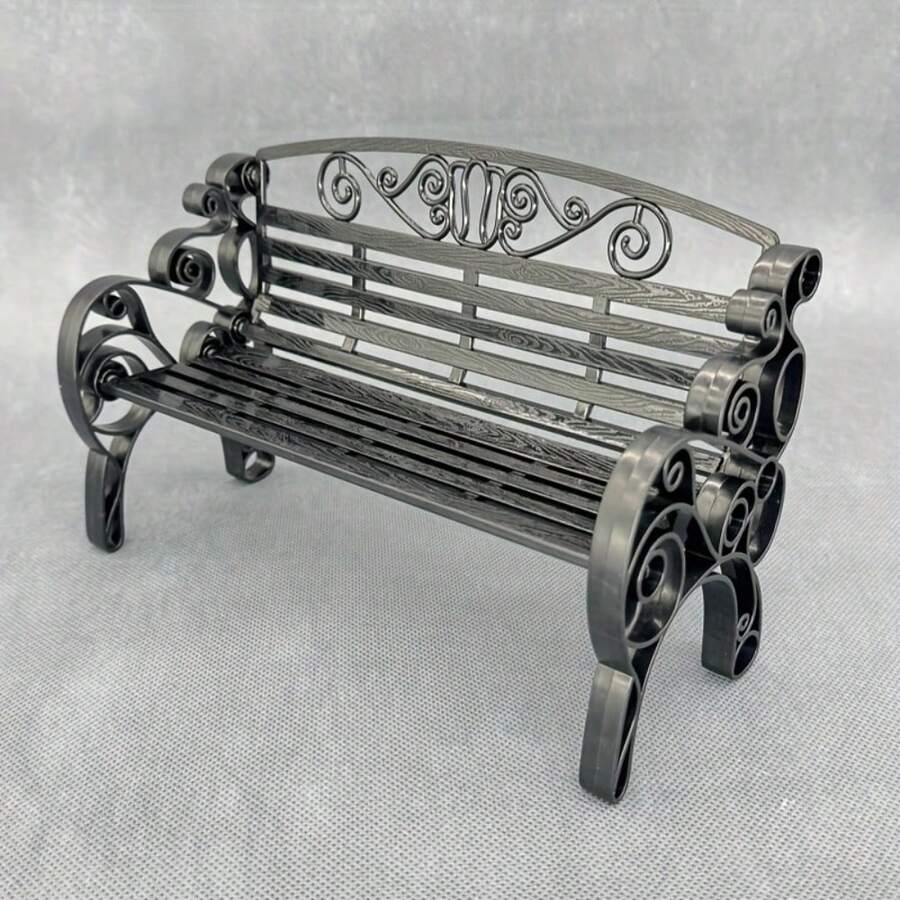 1pc Mini Park Bench Model | Black Plastic Material | Exquisite Rolled Edge Design | Suitable For Doll House And Fairy Garden Decor | No Power Required | Durable And Finely Crafted