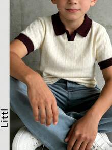 Suéter POLO de manga corta con cuello de contraste y tejido de punto jacquard calado para niños - Albaricoque - Ver 2