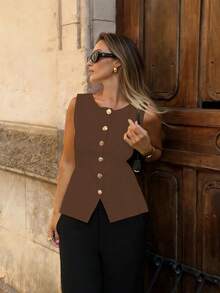 Chaqueta/chaleco de negocios de unicolor opaco sin mangas con botones metálicos de estilo retro y elegante, ajuste slim. Camiseta de punto de punto fino y casual para mujer en verano - Marrón 22 - Ver 3