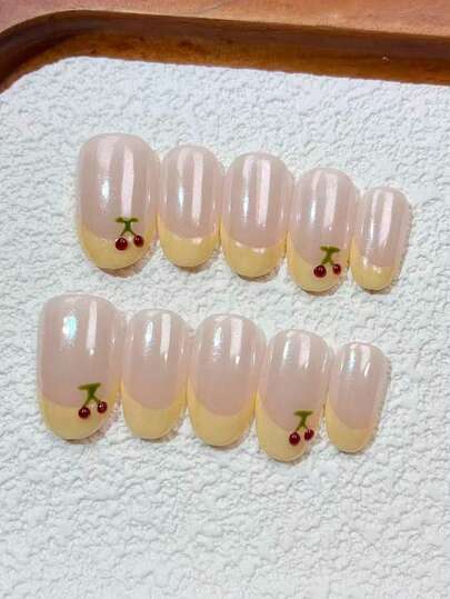 ¡Obtén una experiencia de manicura de salón de calidad en casa! Juego de 10 uñas postizas hechas a mano, uñas falsas de longitud media con forma de almendra, uñas falsas de estilo coreano dulce y lindo con diseño de patrón de cereza pintado a mano y diseño de puntas francesas amarillas, acabado brillante y brillante de ojo de gato, puntas de uñas artificiales reutilizables con pestañas adhesivas de gelatina y kit de lima de uñas, perfecto para uso diario, citas, fiestas, vacaciones, festivales, regalo para mujeres y niñas