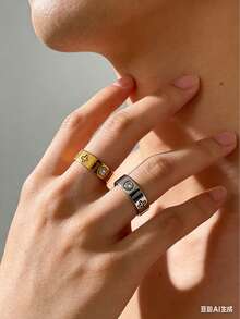 1pc Luxury Heart Cross Stainless Steel Couple Ring, Personalized Rhinestone Inlaid Ring, Wedding Jewelry, Suitable For Everyday Wear - Gold - View 4