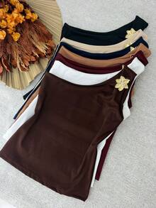 Women's Ribbed One-Shoulder Blouse With Detail - Redwood - View 2