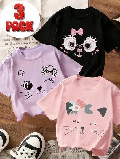 3件套少女可爱猫咪卡通印花套装，面料柔软舒适，适合户外运动、日常穿着、街头和校园风格，时尚少女春夏休闲上衣