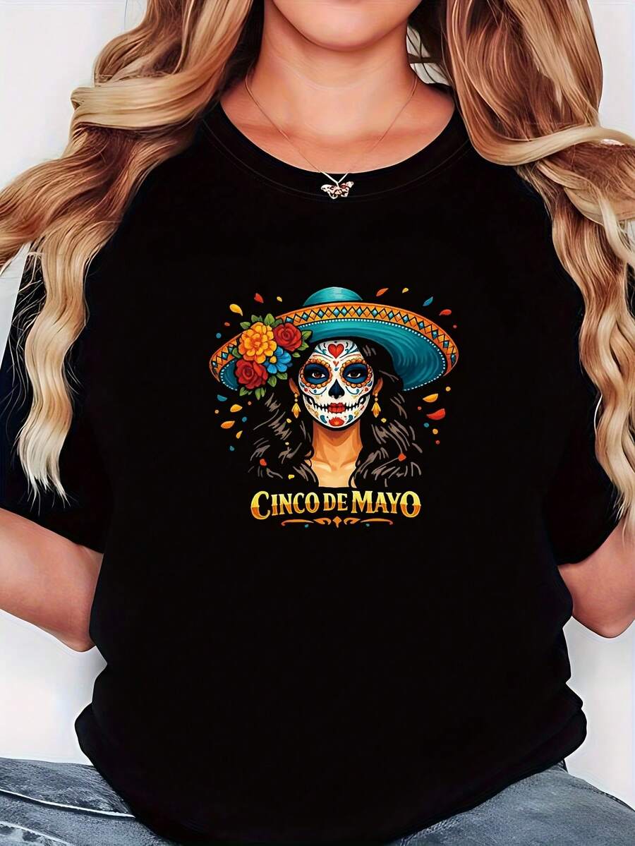 Plus Size, Plus Size T-Shirt, Cinco De Mayo Mexican Fiesta Themed "CINCO DE MAYO" Graphic Print T-Shirt, Black Short Sleeve Crew Neck Printed Tee - Hine Washable, Suitable For Spring, Summer, And Fall, Casual Style, Comfortable Fit - 黑色 - 查看 1