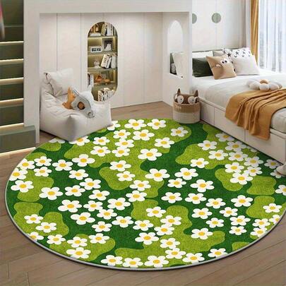 1pc Fresh Daisy Round Floor Mat, Full Print Daisy & Green Plant Pattern, Delicate Texture Durable Easy Care, Decorative Carpet, Bedroom Decor, Small Rug, Carpet, Home Decor, Living Room Carpet, Living Room Small Rug, Bedroom Carpet, Living Room Home Decor, Outdoor Rug, Washable Carpet