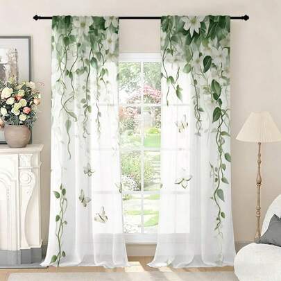 2pcs Green Vine Leaf Pattern Semi-Blackout Curtains, No Drilling Rod Design, Rod Pocket Hanging, Fresh Spring Decor For Living Room, Kitchen, Home Decoration, Polyester Fabric, Machine Washable