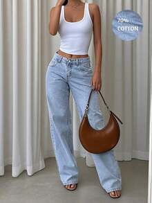 Vintage Blue Loose Wide-Leg Jeans For Women, New Loose Fit Straight Leg Pants, Suitable For Holidays, Festivals, Denim Outfits, Jeans, Trousers, Outings, Women's Jeans, Women's Denim Outfits, Women's Jeans, Bottoms Casual Spring - 淺色水洗 2 - 查看 2