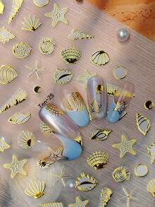 2 片装 3D 立体烫金海洋海星贝壳美甲贴纸，金色多款扇贝海螺自粘美甲饰品，Y2K 海洋系列生物美甲贴纸装饰 - 彩色 - 查看 5