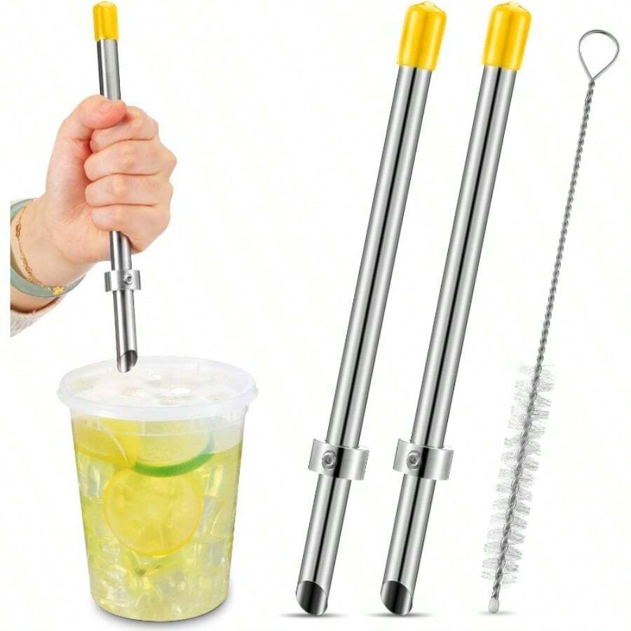 2 Pack Straw Puncher With Brush For Plastic Lids Lemonade Cups, Stainless Steel Straw Hole Puncher Punching Tools For Cafe Drinks Squeezed Fresh Lemonade Stand Supplies - Yellow - View 1
