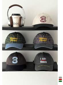 Plaid Color-Block Baseball Cap, Soft Crown, Embroidered Letter, Unisex, Suitable For Spring & Autumn, Visually Slimming, Adjustable - Multicolor - View 1