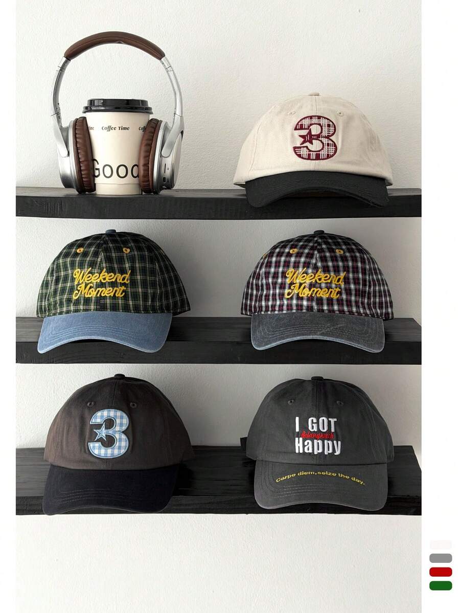 Plaid Color-Block Baseball Cap, Soft Crown, Embroidered Letter, Unisex, Suitable For Spring & Autumn, Visually Slimming, Adjustable - Multicolor - View 1