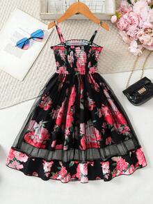 Spring/Summer Girls Casual Cute Elegant Floral Print Sling Mesh Dress - Black - View 2