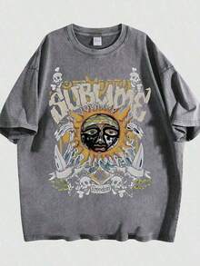 Unisex Sublime Band Sun Face Skull Print Graphic T-Shirt, Vintage Washed 100% Cotton Oversized Crew Neck Short Sleeve Tee, Retro 90s Rock Band Loo - 灰色 02 - 查看 7