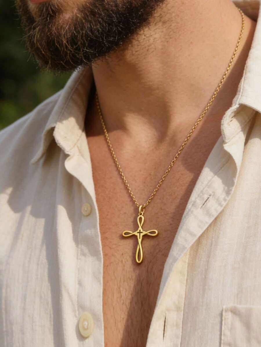 Collar con colgante de cruz infinita para hombres, estilo minimalista de acero inoxidable chapado en oro, regalo religioso cristiano - Multicolor - Ver 1