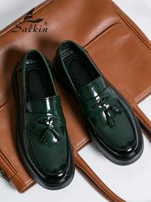 Salkin New Designer Men's Slip-On Loafers, British Style, Soft & Comfortable, Round Toe, Elegant Formal Leather Shoes, Glossy Finish, Green Color, Non-Slip Thick Sole, Suitable For Casual, Dating, Party, Wedding, Spring/Summer/Autumn, Size Runs Small, Please Order One Size Up - Dark Green - View 12