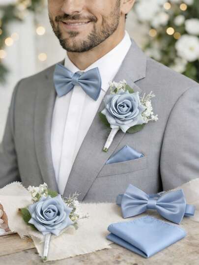 3PCS Solid Color Wedding Rose Boutonniere With Bow Tie And Pocket Square Set For Men, Matching Groomsmen Accessories For Wedding, Prom, Anniversary, Homecoming And Rustic Autumn Occasions,Summer,Beach