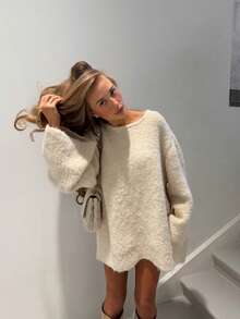 Senya 2026 Women's Loose Silhouette Chenille Knit Sweater, Beige Round Neck Long Sleeve Oversized Pullover, Comfortable Minimalist Casual Autumn/Winter Knit Dress - Apricot - View 10